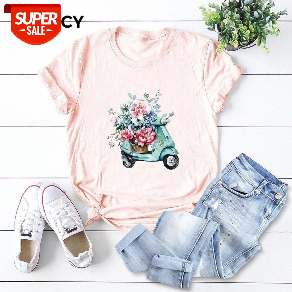 

JFUNCY Flower Moto Print Summer Cotton T Shirt Women Short Sleeve T-shirt Female Tees Plus Size Casual Lady Basic Tops #sc5M, White