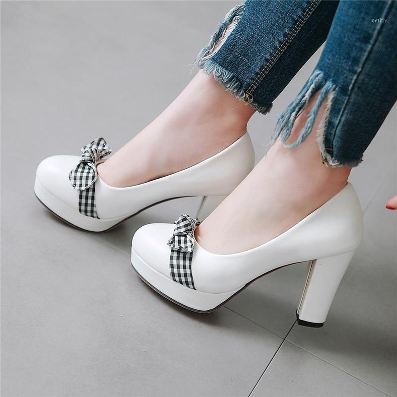 

YMECHIC Summer Slip on Pumps Black White Block High Heel Daily Office Shoes Plaid Knot Bowtie Chunky Heels Platforms Plus Size1