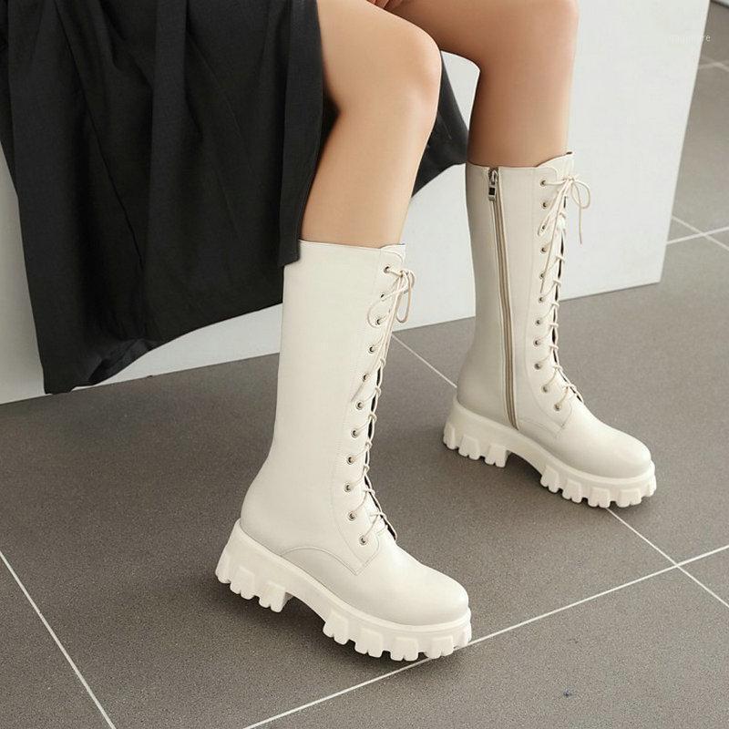 

Solid beige white lace-up woman's shoes winter autumn fleece platform mid-calf women boots plus size 34-431