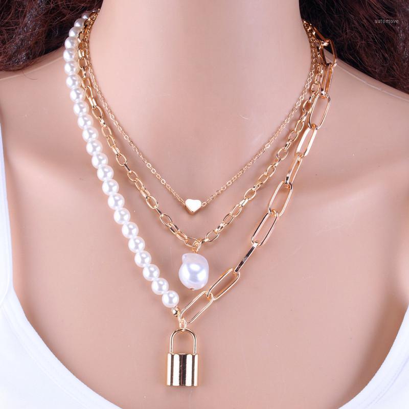 

AE-CANFLYPunk Lock Oval Pearl Multilayer Pendant Necklaces Women Collar Baroque Irregular Pearl Lock chain Necklace Jewelry Gift1