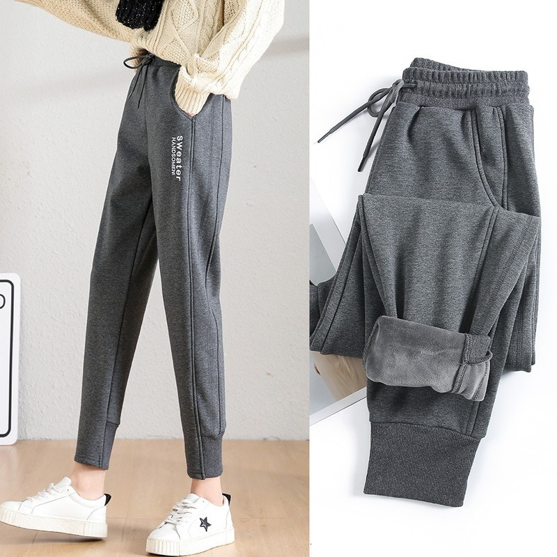 

2021 New Women's trousers thick winter lambskin warm cashmere casual harlan sweat pants SHQN, Black