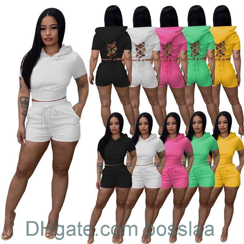 

Designer 2 Piece Short Pants Outfits Womens Hooded Shorts Sets 2022 Summer Tracksuits Hollow Out Drawstring Sweatsuits, Black