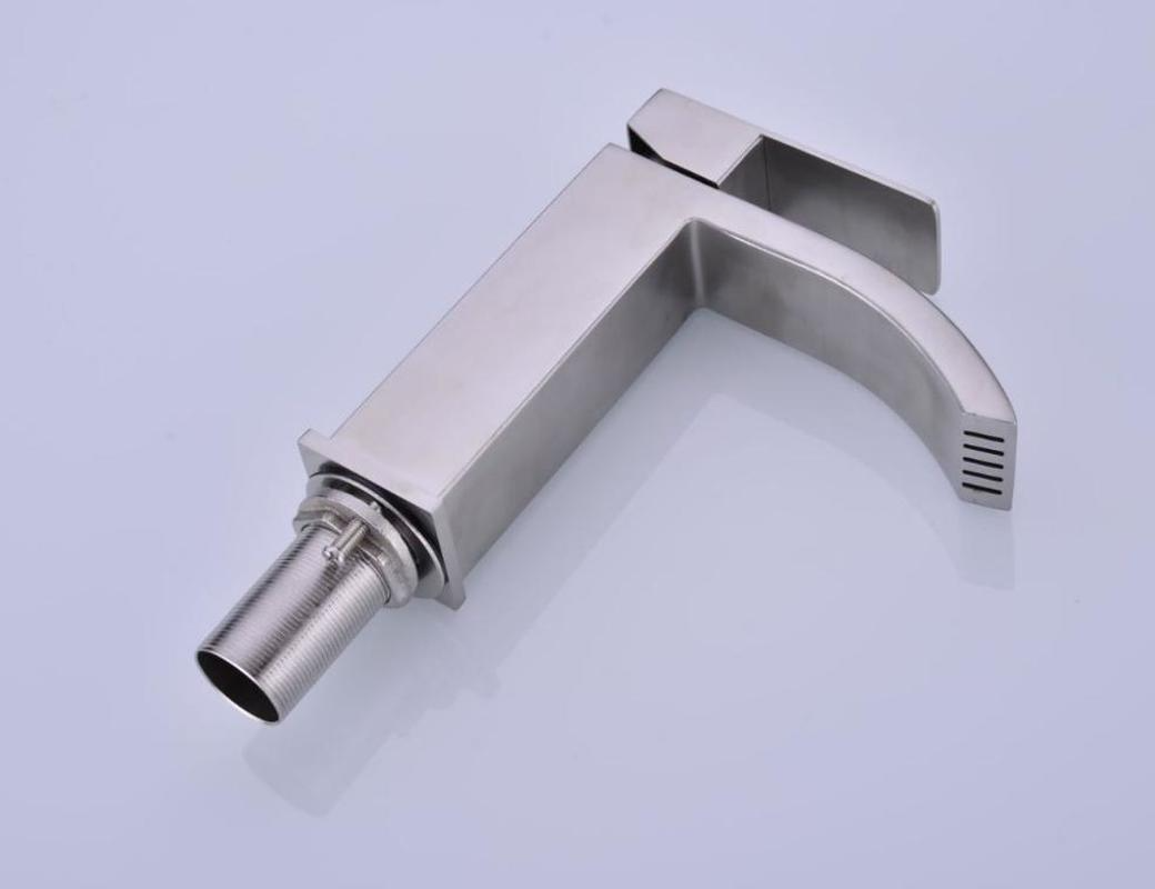 

One-handle waterfall bathroom sink faucet with oversized rectangular spout, brushed nickel