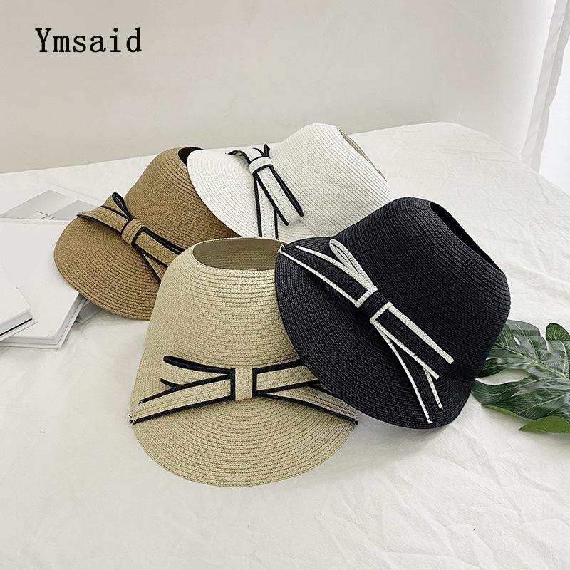 

2021 New Spring Summer Straw Hat Wide Brim Fashion Bow Empty Top Sun Hat Foldable Breathable Equestrian Hats Travel Beach, Khaki