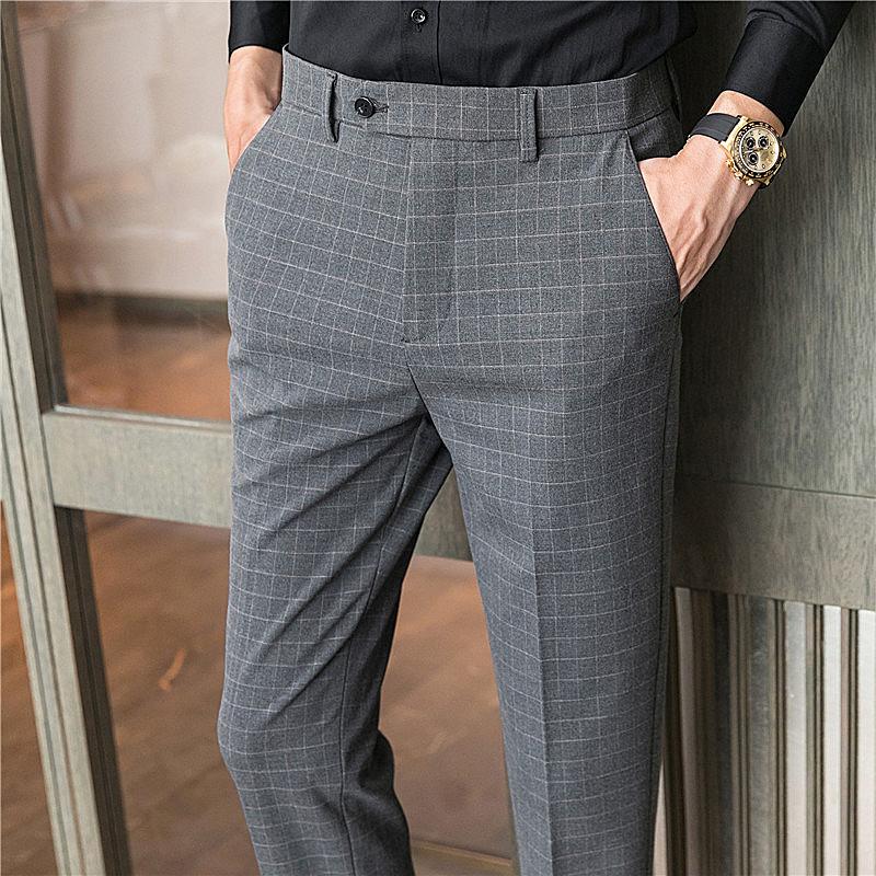 

Small Stretch Men Gray Suit Pants Fashion Casual Autumn Male Grid Trousers High Quality -36, Dark gray