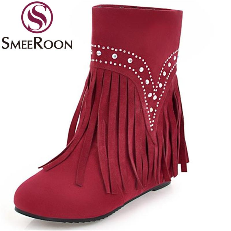

Smeeroon ankle boots fringe crystal women's shoes round toe tassel fashion ladies boots woman high quality unique winter, Black