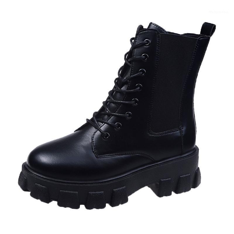 

Platform Women Boots 2020 Autumn Spring Leather Black Ankle Boots Fashion Lady Motorcycle Boot Female Lace up Wedges Botas Mujer1, Black matte