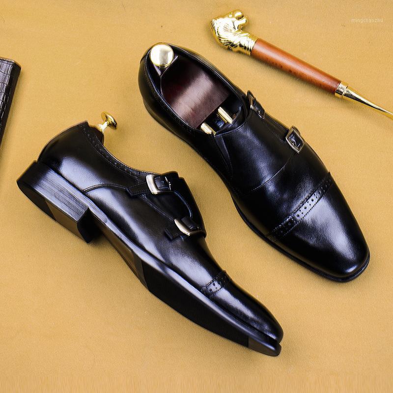 

Men Business Leather Shoes Genuine Leather Oxfords Vintage Double Buckle Monk Shoes Black Dress Male Plus Size Brogues1