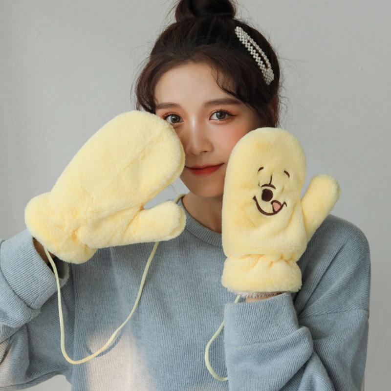 

Cute Cartoon Bear Lanyard Velvet Cycling Warm Touch Screen Mitten Winter Women Cashmere Thicken Windproof Driving Glove