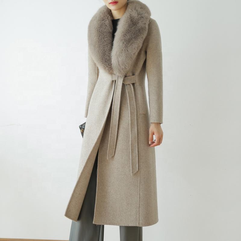 

Boutique office lady winter fur collar walking overcoat slim fit double side wool overcoat gray long jacket women wool coat