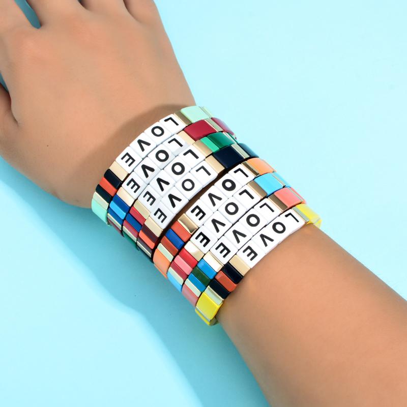 

ZMZY Bohemian Handmade Elastic Stretch Stack Bangle Cuff Square Tile Metal Alloy Bead Enamel Painted Bracelet