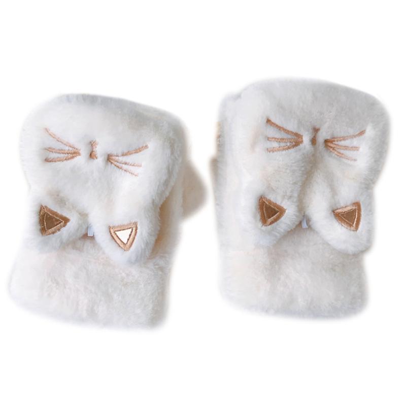 

Five Fingers Gloves Winter Fluffy Plush Half Finger Cartoon Embroidery Convertible Mittens J78E