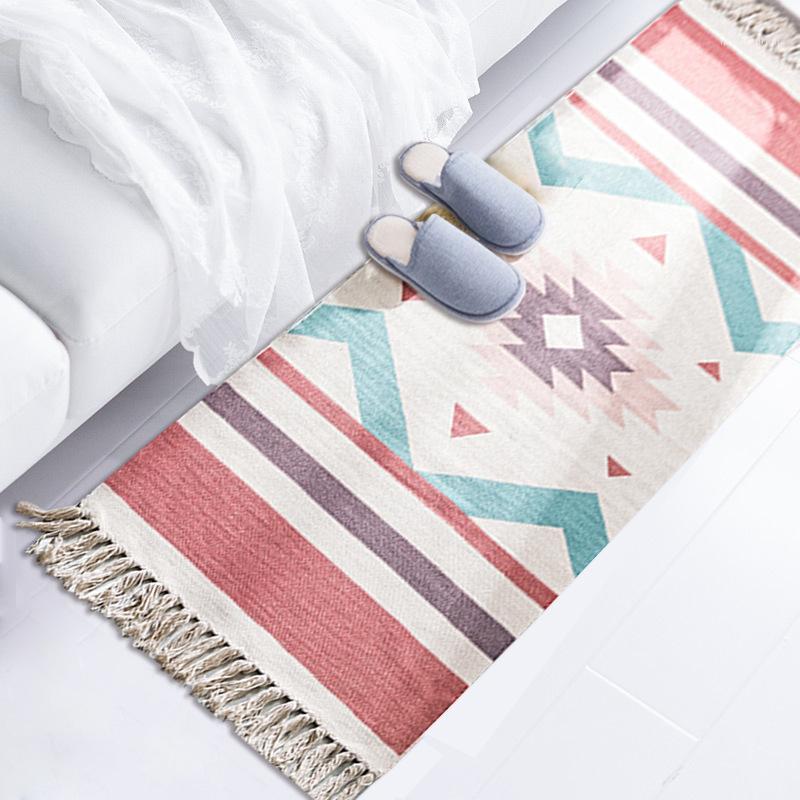 

Hot Retro Bohemian Hand Woven Cotton Linen Carpet Tassel Bedside Rug Geometric Floor Mat Long Carpet Rugs Living Room Home Decor1, Sky blue