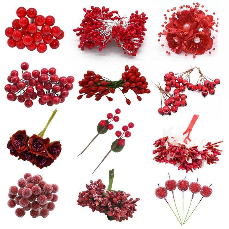 

1set Mixed Red Flower Cherry Stamen Berries Bundle DIY Christmas Wedding Cake Gift Box Wreaths New Year Xmas Decoration1, F03