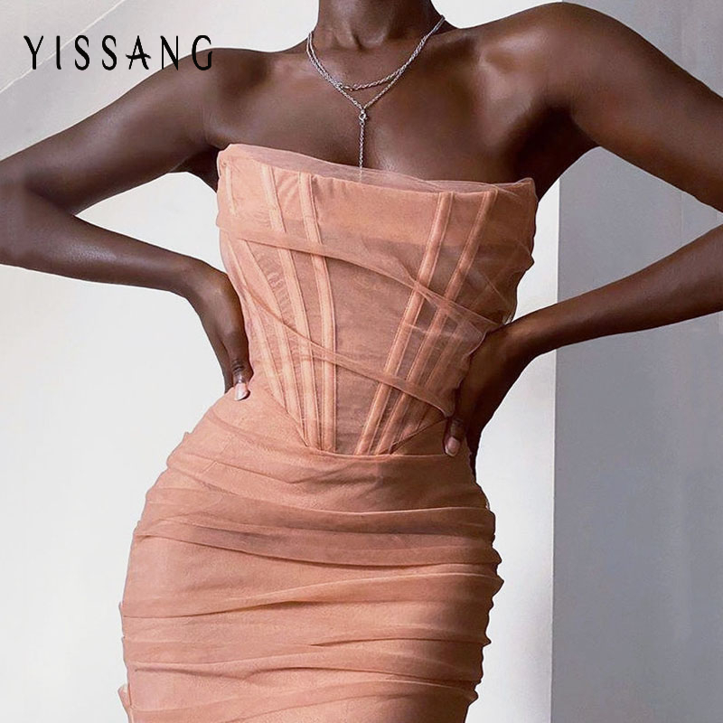 

Yissang Pink Strapless Sexy Bandage Mesh Dress Women Off Shoulder Lining Club Party Dresses 2020 Summer Elegant Bodycon Sundress