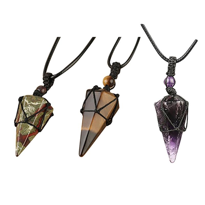 

Natural Stone Cone Pendants Crystal Black Rope Wrapped Treatment Stones Necklace for Men Female Fashion Jewelry