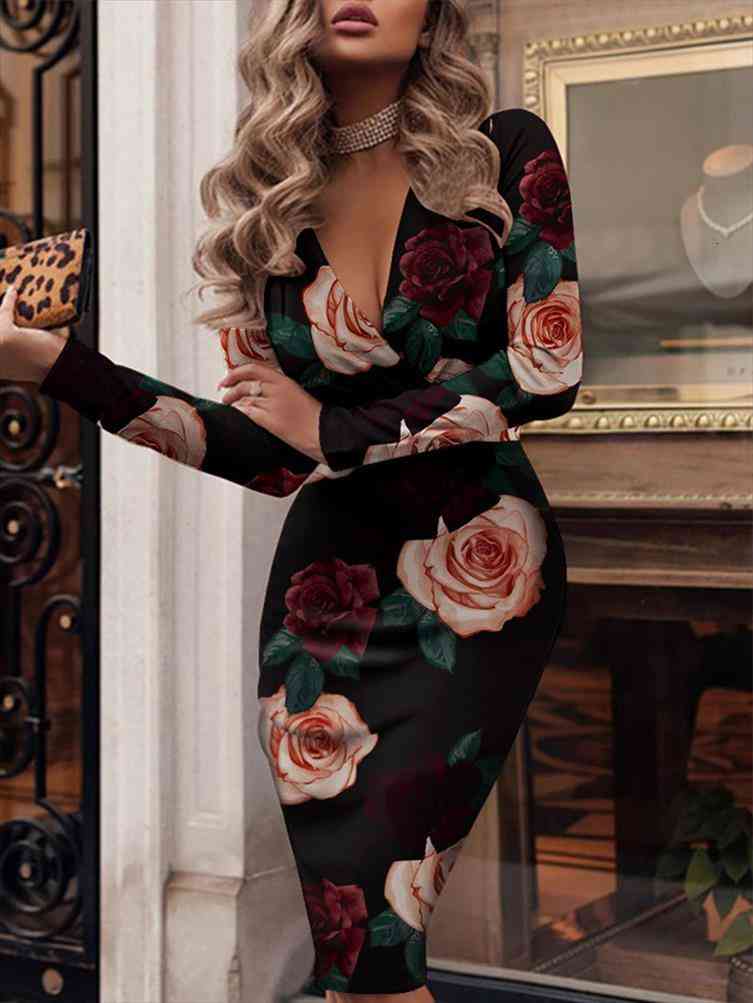 

Shein Romwe Y2k Sexy Vestidos Womens Dress Floral Print Long Sleeve Plunge Skinny Ruched Dress Midi Bodycon Vestidos, Black;gray
