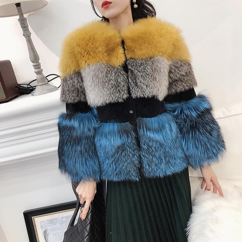 

2020 Winter High Quality Ladies Luxury Color Mixing Natural Real Fur Coat Women Thickening Warm Jacket, Gold