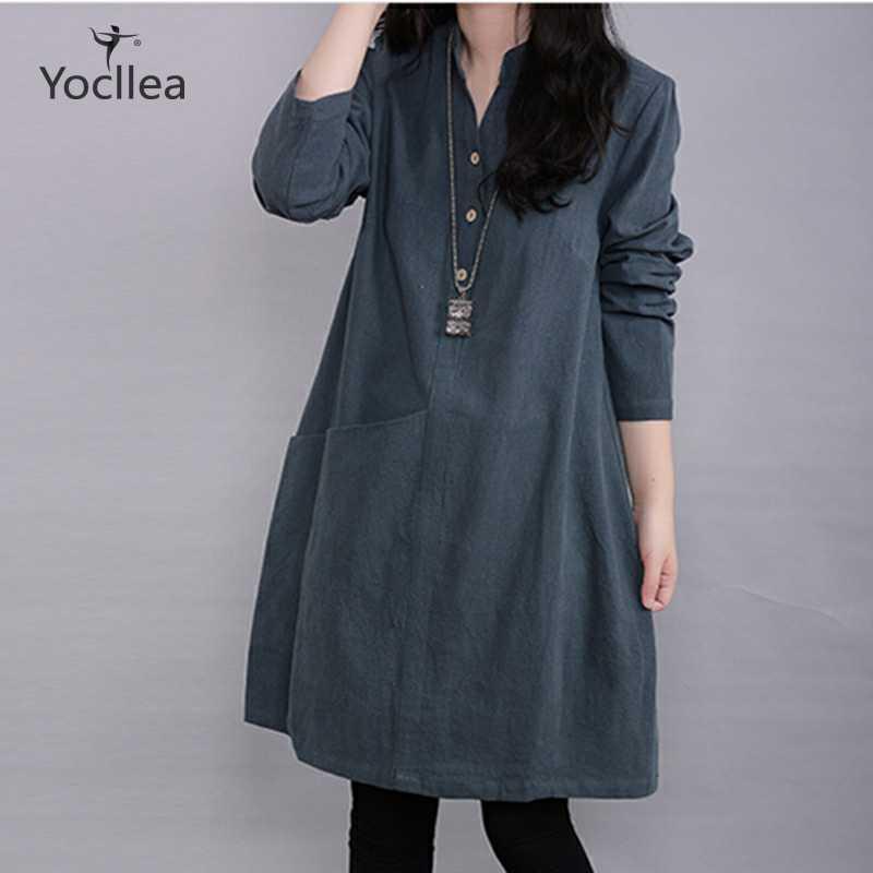 

Women Blouse Vintage casual Shirt dress office lady All match slim Long sleeve Shirts blouses Fashion S-3XL Plus size Tops, Navy blue