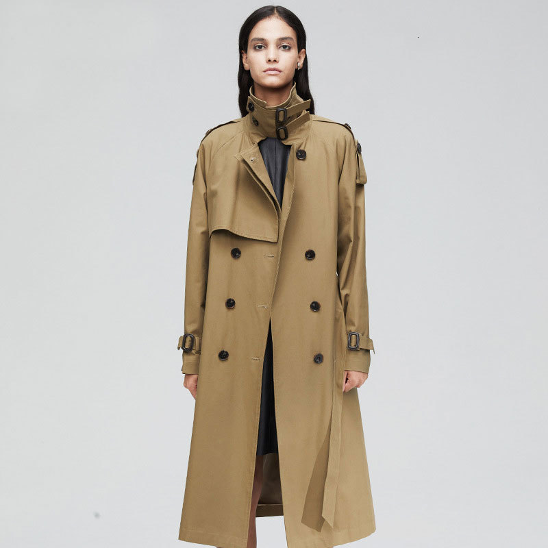 

2021 New Autumn Cotton Double Breasted with Belt Women Long Trench Ol Coat Chic Windbreaker Streetwear Sg60, Gray