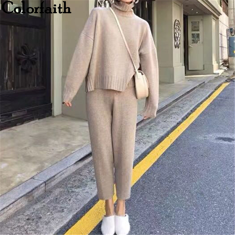 Colorfaith 2019 New Autumn Winter Woman Sets Two Piece Set Pullovers Pants Lounge Wear Knitting Split Minimalist Style WS8222 T200702