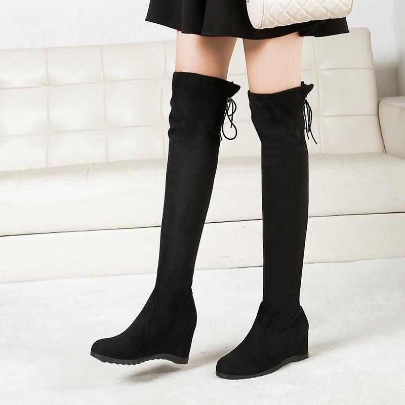 

Inner increase autumn and winter plus velvet wedges women's boots all-match high-heeled boots over the knee women FD-99, Black plus velvet