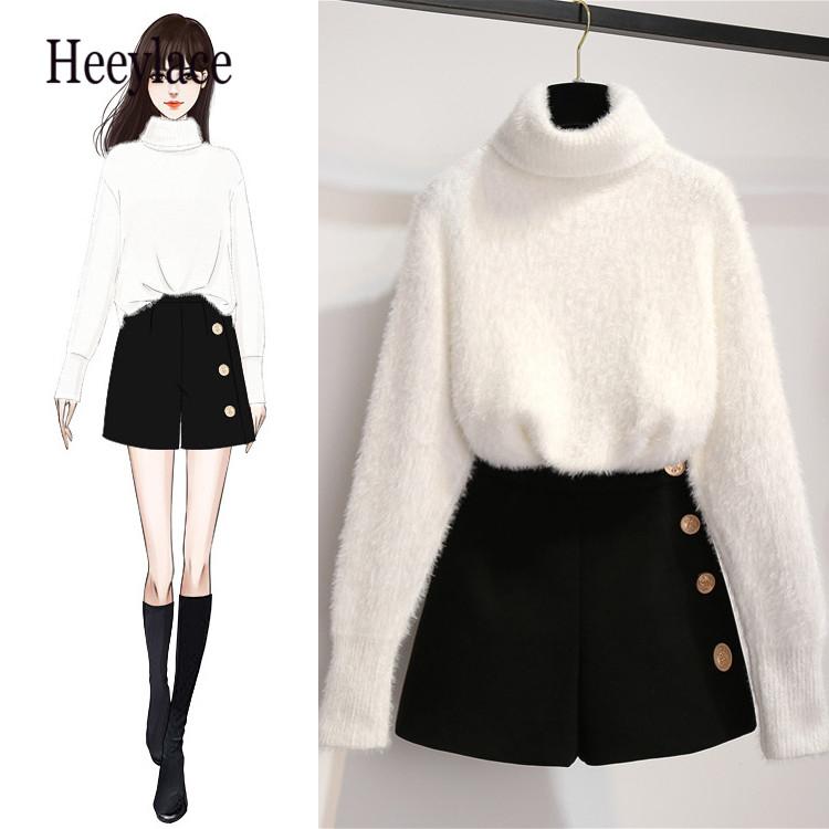 

2020 winetr white turtleneck thick warm sweater and shorts two piece set korean clothing set women knitted suits outfit knitwear, Mint