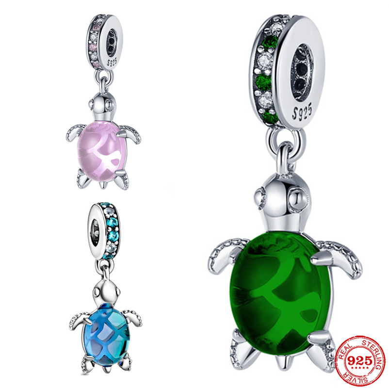 

New 925 Sterling Silver Blue Green Pink Tortoise Dangle Charm Bead Fit Pandora Bracelet Pendant DIY Jewelry For Women