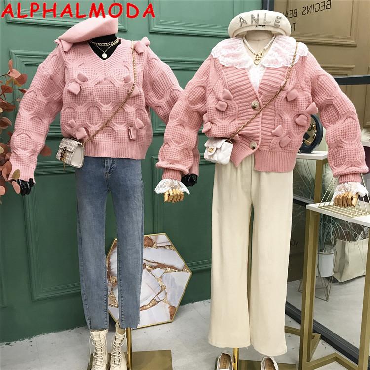 

ALPHALMODA Women's 2020 New Bow Twisted Coat Women's Knitted Blouse Autumn Winter Sweater Sweet Women Loose Outer Wear, Cardigans
