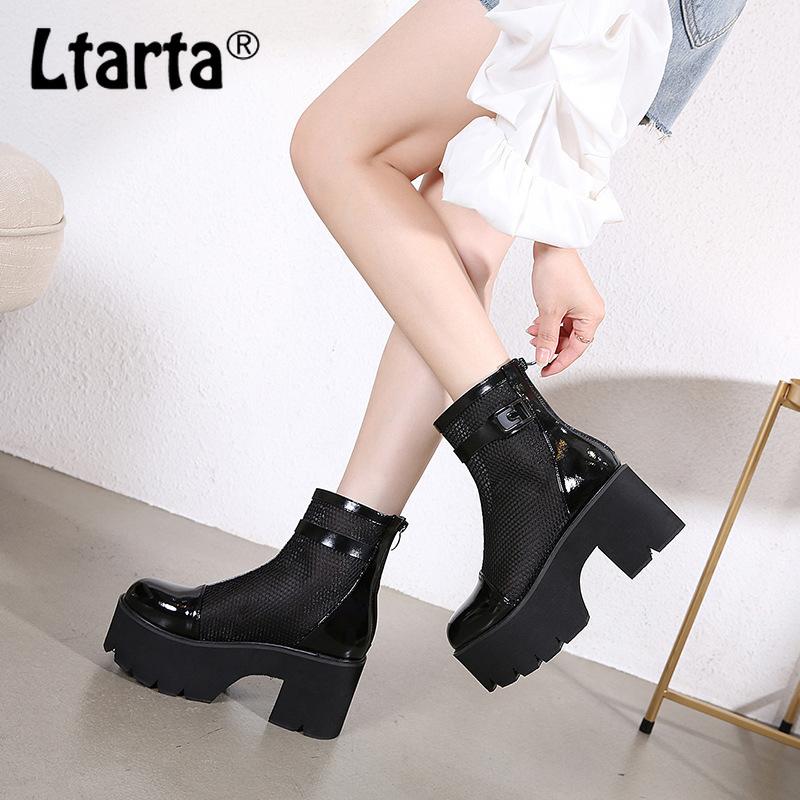 

LTARTA Women's Boots Hollow Mesh Breathable Boots British Style Platform Slanted Heel High Heel Ankle -211-1, Black