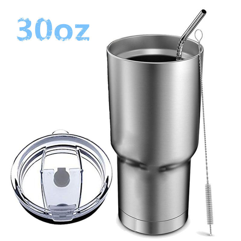 

Stainless Steel Tumbler Cup with Lid Straw 30 Oz Double Wall Vacuum Flask Insulated Beer Cup Drinking Coffee Wine Mug Water Bottle, Stainless steel color