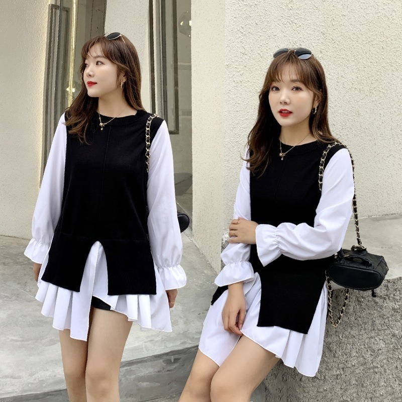 

2021 New Big fake women two knitted shirts seam top spring and in summer 20mm fat shirt around the neck GSPS, Black