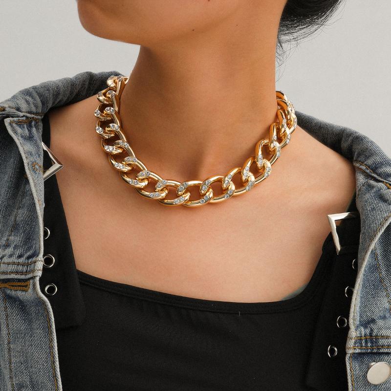 

Punk Crystal CZ Miami Cuban Choker Necklace Collar Statement Kpop Big Chunky Gold Thick Chain Necklace Women Man Jewelry