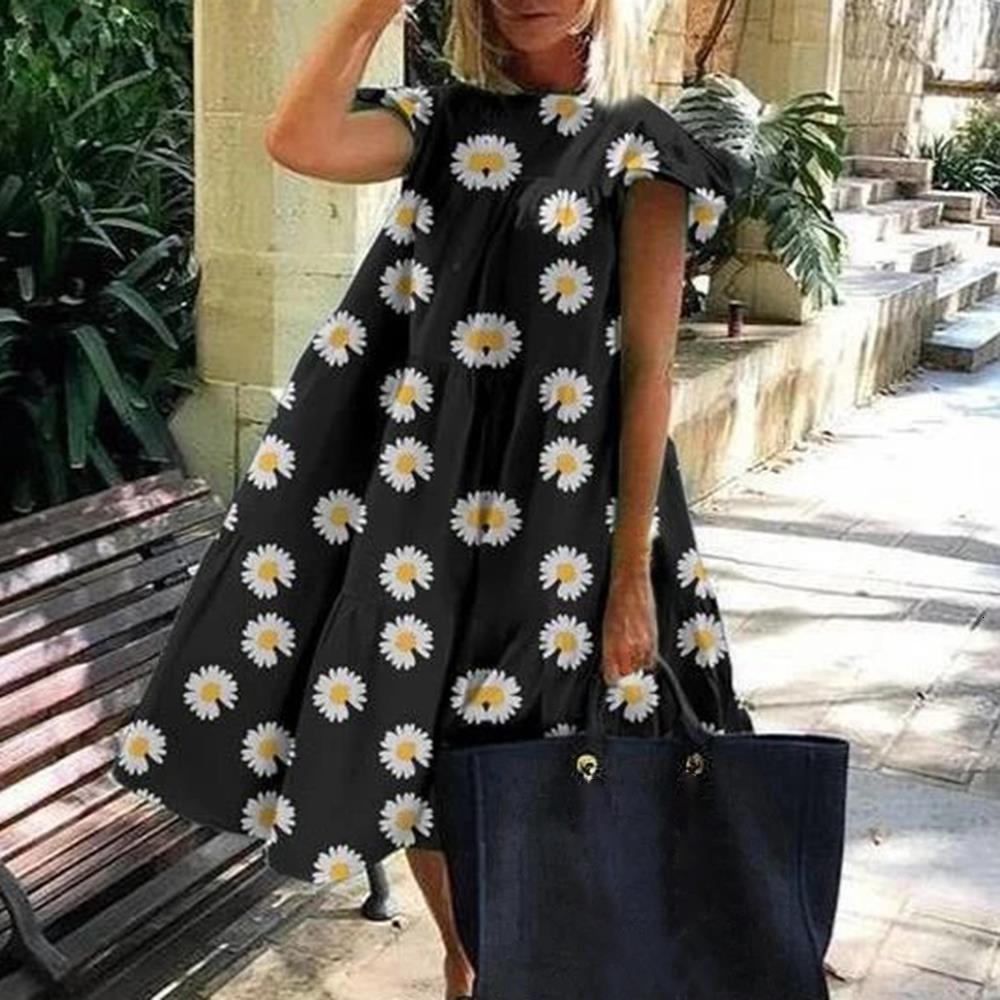 

women vintage floral print loose a-line dress 2021 summer o-neck short sleeve dress elegant casual party dress 3xl vestido, Black;gray