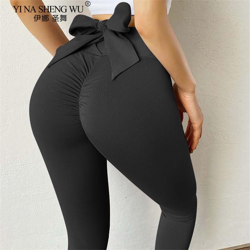 

Bowknot Lift Hip Sports Pants High Waist Yoga Pants Leggings BuWorkout Sports Women Fitness Elastic Leggings Gym Run Tights, 303-grey pants