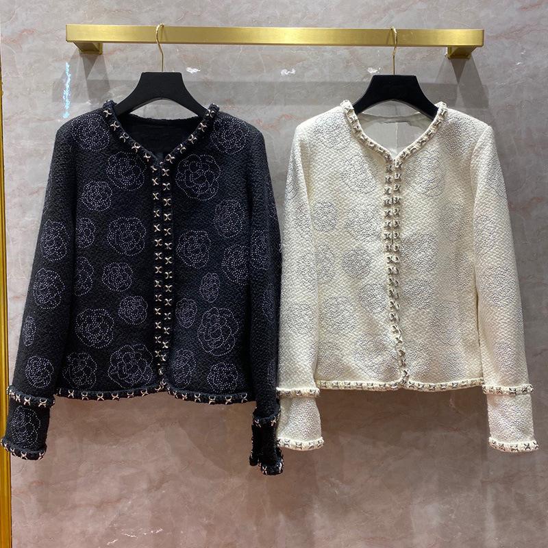 

New Designer women' High quality floral beading tweed coat 100% Silk Lining women Wool jackets C289, Black