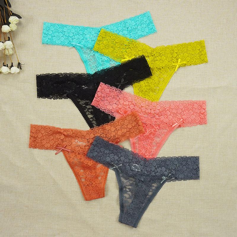 

IXueJie Sexy G String Thong Underwear Women Solid Color Flower Pattern Lace Hollow bow See-through Briefs Panties Lady Lingerie, As pic