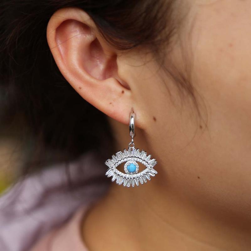 

2020 turkish evil eye jewelry baguette cubic zirconia CZ gold color women girl gift blue fire opal Gem sparking stone earring