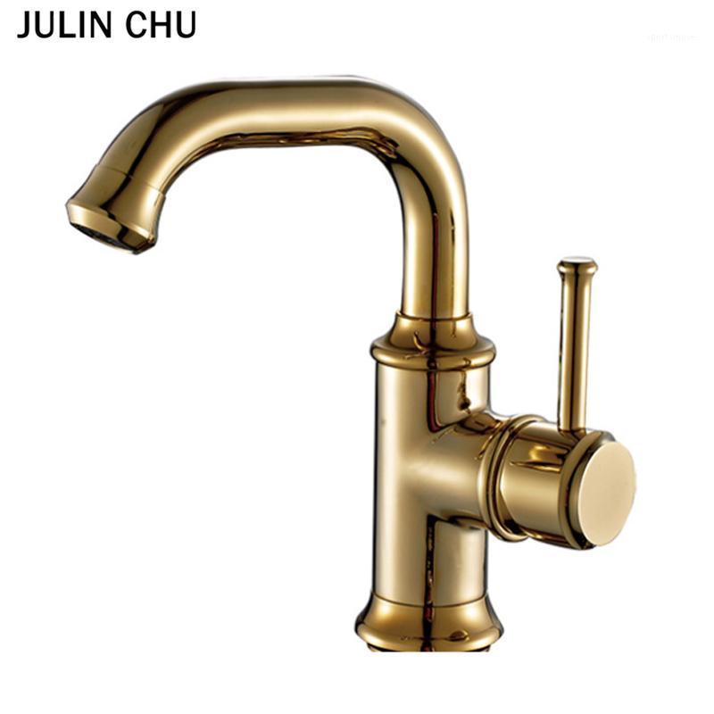 

Gold Bathroom Basin Tap Luxury Vintage Single Handle Deck Mounted Lavatory Bathroom Wash Faucet with Hot and Colder Water Holes1