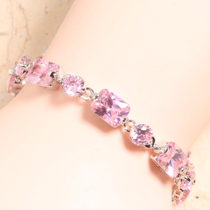 

Romantic Pink Zircon Silver Plated Argent Link Chain Bracelet 6 7 Inch L10033