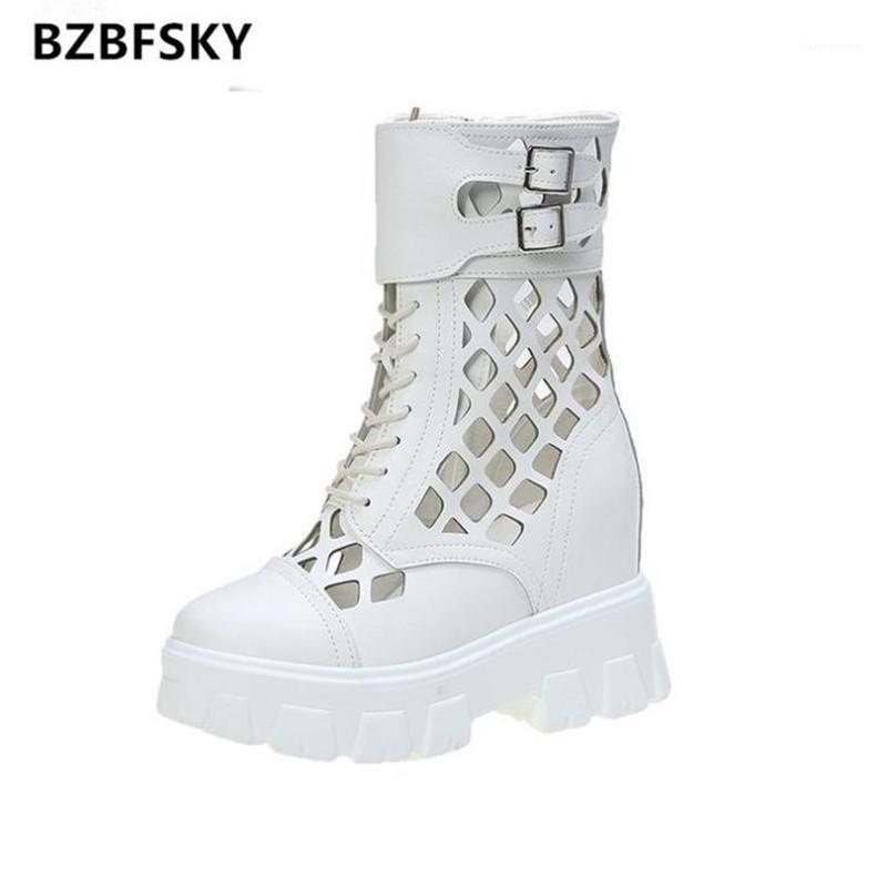 

BZBFSKY Summer Platform Hollow Out Ankle Boots for Women Round Toe Height Incrasing Shoes Woman Zip Buckle PU Motorcycle Booties1, Black