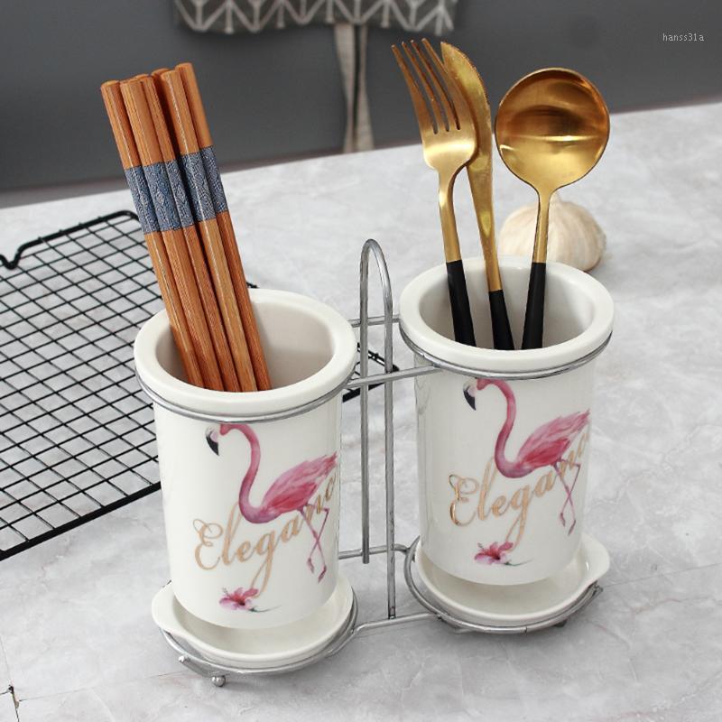

Double Row Chopsticks Cage Creative Flamingo Pattern Double Seat Ceramic Chopsticks Tube Set for Household Kitchen1