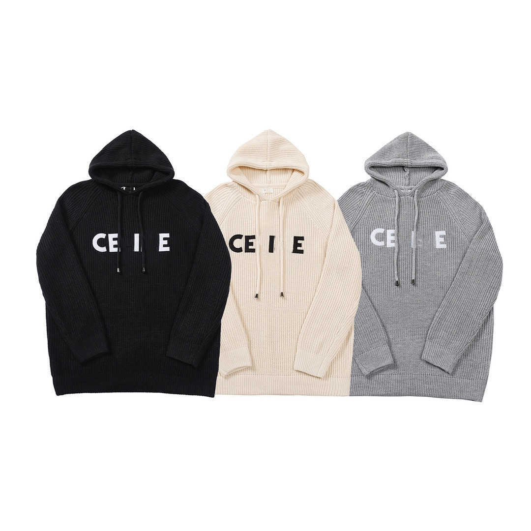

Men' Hoodies 2021 winter new high version cel embroidered letters men' and women' wool knitted Hoodie sweater, Creamy-white