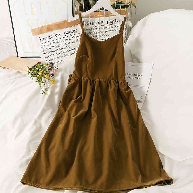 

Chic Vintage Outside Suspender Dress Autumn V-neck Solid Sweet Pleated Back Large Bow High Waist Mid-length Dresses, Black;gray