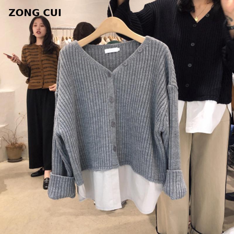 

2021 women's V-Neck long sleeve grey knitted sweater cardigan fashion splicing casual knitting top street style sweater cardigan, Black