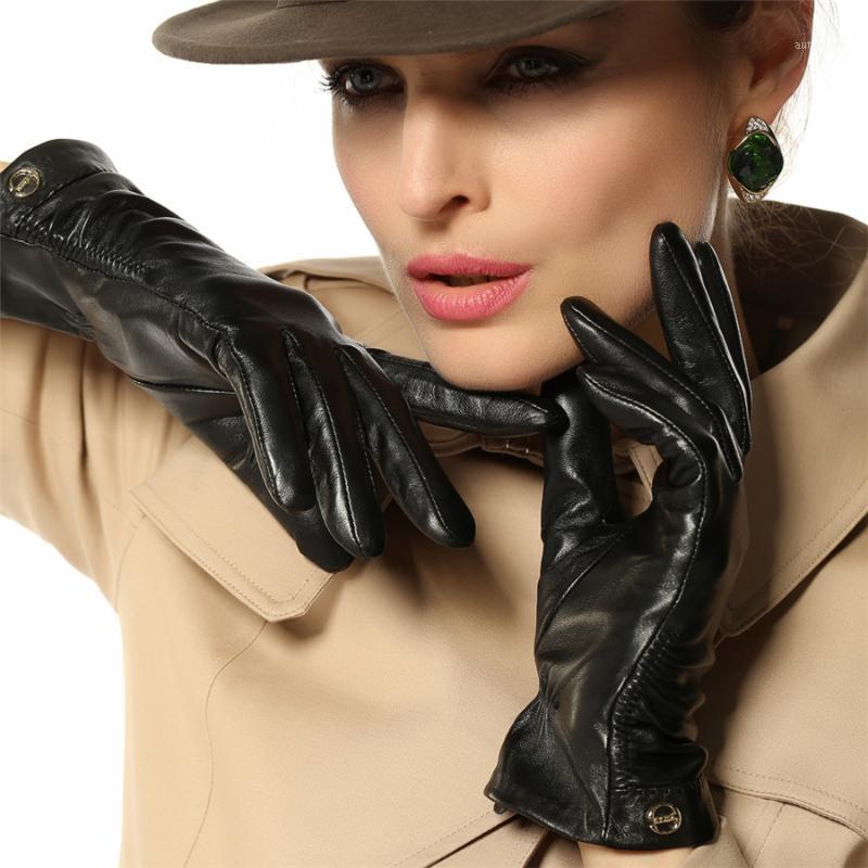 

Hot new 2020 Women Gloves Wrist Short Slim Genuine Leather Glove Female Fashion Goatskin For Winter Driving Plus Thermal EL035NN1