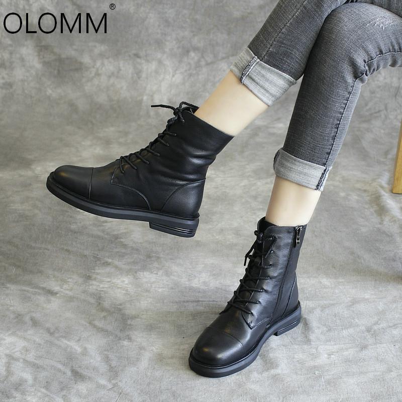 

2020 New Top Layer Cowhide Simple Handmade Leather Booties Female Boots Low Heel Short Boots Low Tube1, Black