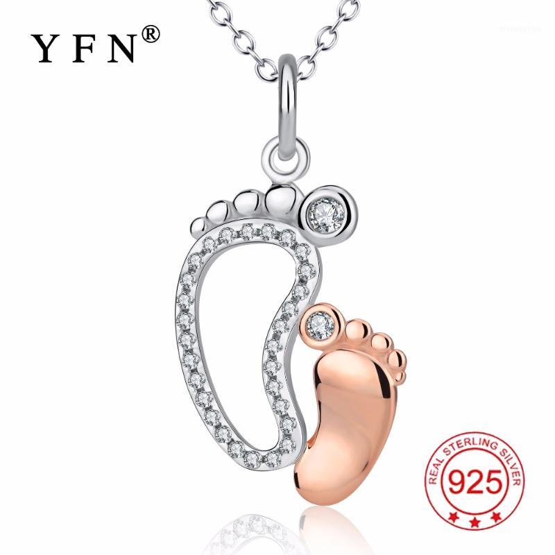 

YFN 925 Sterling Silver Crystal CZ Big Small Feet Pendants Necklaces Mom Baby Monther's Day Gift Jewelry Mother Child Foot1