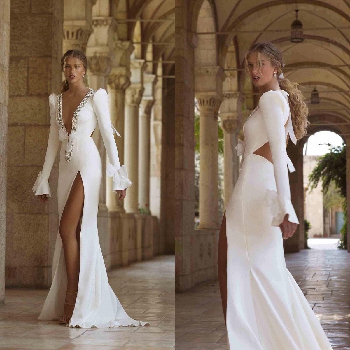 

Sexy Deep V Neck Mermaid Wedding Gowns 2021 Boho Garden Simple Satin Long Sleeve Side Slit Bridal Dress Long Beading robes de mariée AL8180, Champagne