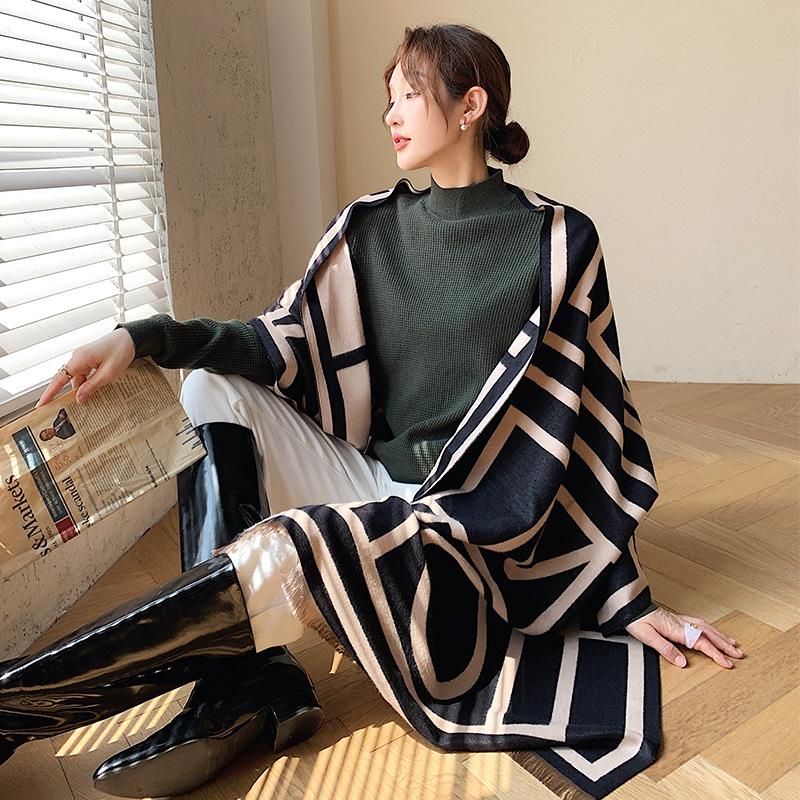 

Fashion Thickened Cashmere two-sided scarf winter popular stripe print warmth soft Shawls new style Lady Autumn wool Beach towel